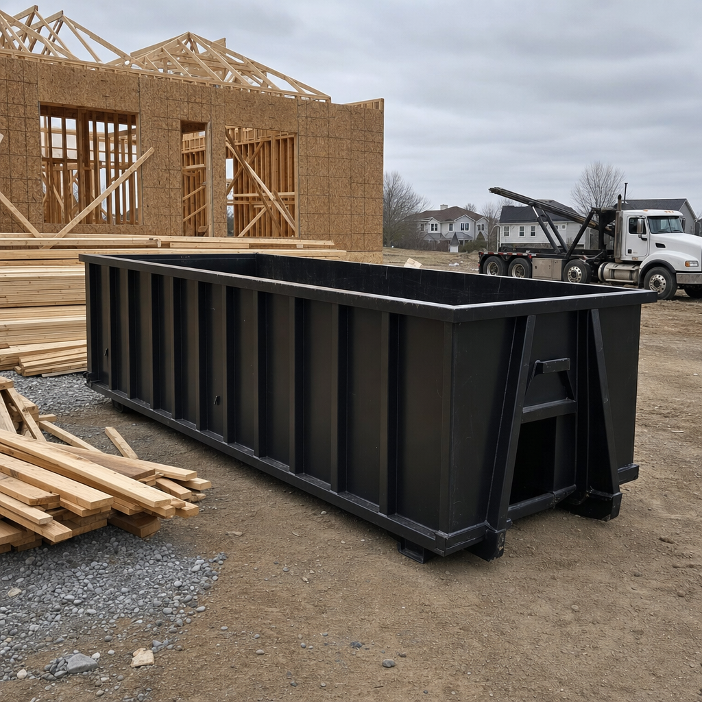 Matte-black 40-yard roll-off dumpster staged on a framed-out residential construction site in Southaven, framing lumber stacked nearby, hooklift delivery truck visible in the background under bright Colorado daylight