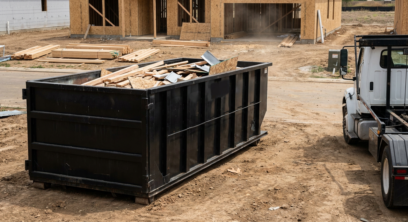 Matte-black 20-yard roll-off construction dumpster with heavy ribbed steel sidewalls and swing rear doors at a working jobsite in Southaven, sitting directly on compacted dirt with an unmarked white hauler partially visible at the far edge of the frame.