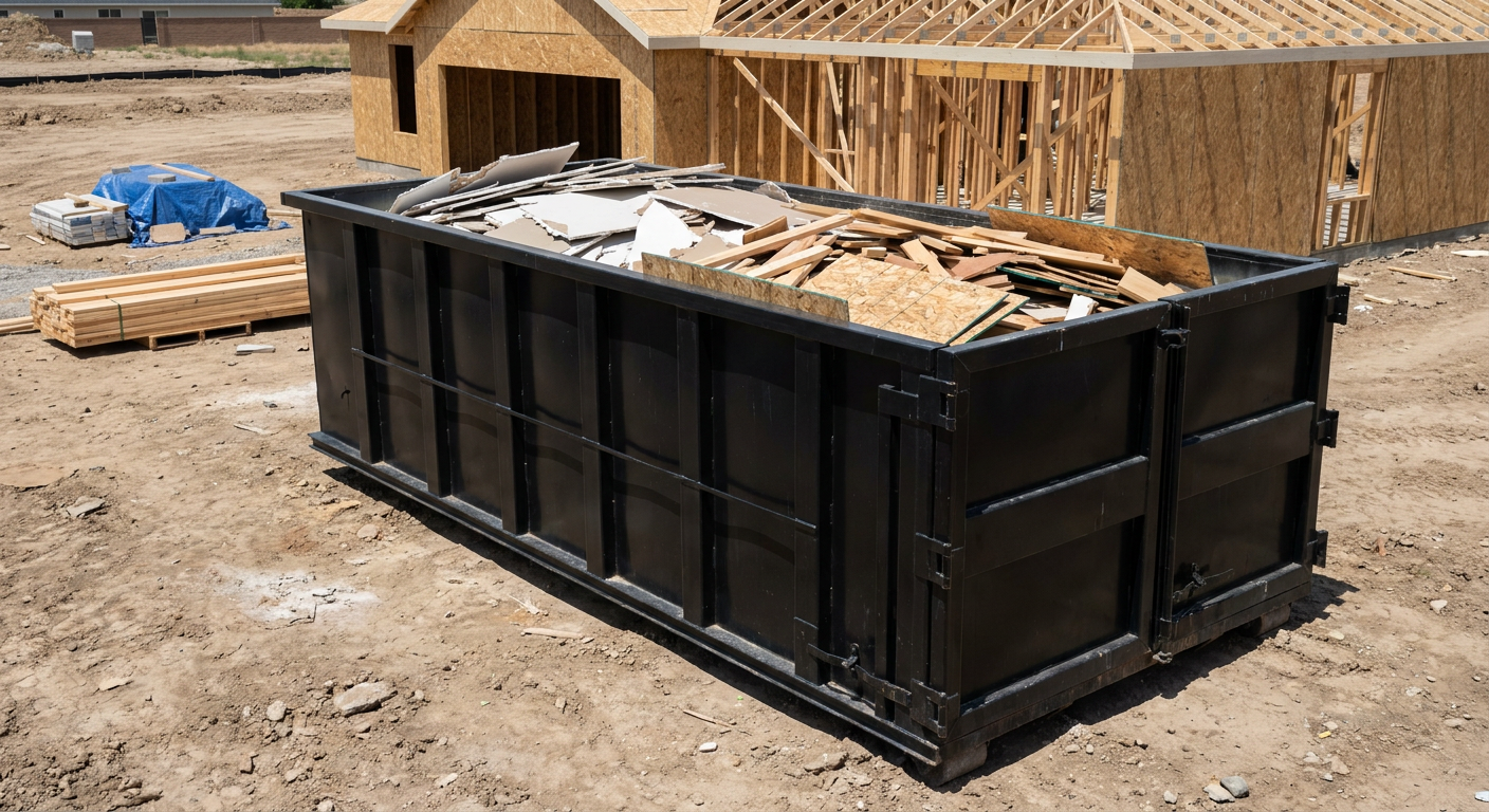 Matte-black 30-yard roll-off construction dumpster sitting directly on the compacted-dirt site of a framed single-family home build in Southaven, drywall and lumber scrap loaded inside.