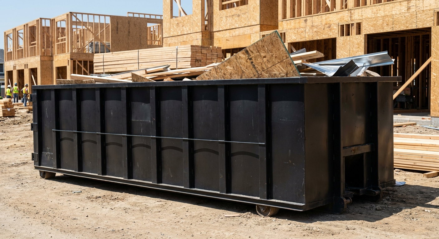 Matte-black 40-yard roll-off construction dumpster being lowered from a white-cab hooklift delivery truck onto the compacted-dirt jobsite at a commercial build site in Southaven