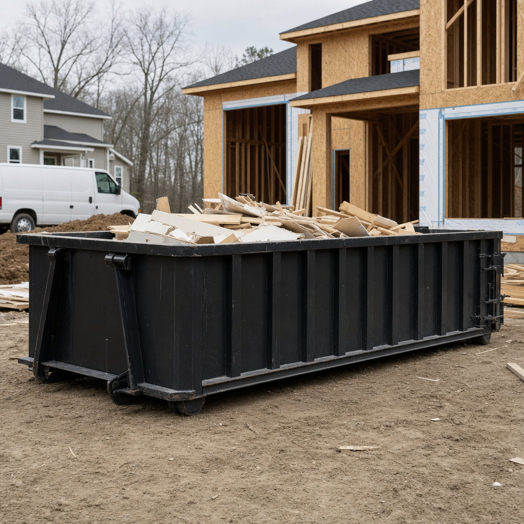 Worker in a yellow high-visibility vest tossing framing lumber and broken drywall into a matte-black 30-yard construction roll-off dumpster on an active build site in Southaven, bright daylight