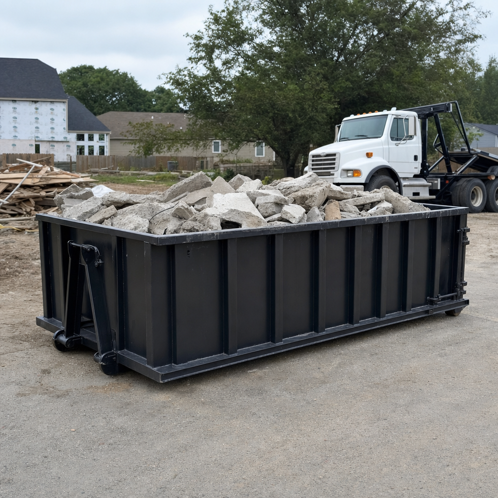 Low-profile matte-black lowboy roll-off dumpster loaded with broken concrete slab and rebar at a foundation tear-out in Southaven, skid steer parked beside it, sunny Colorado morning