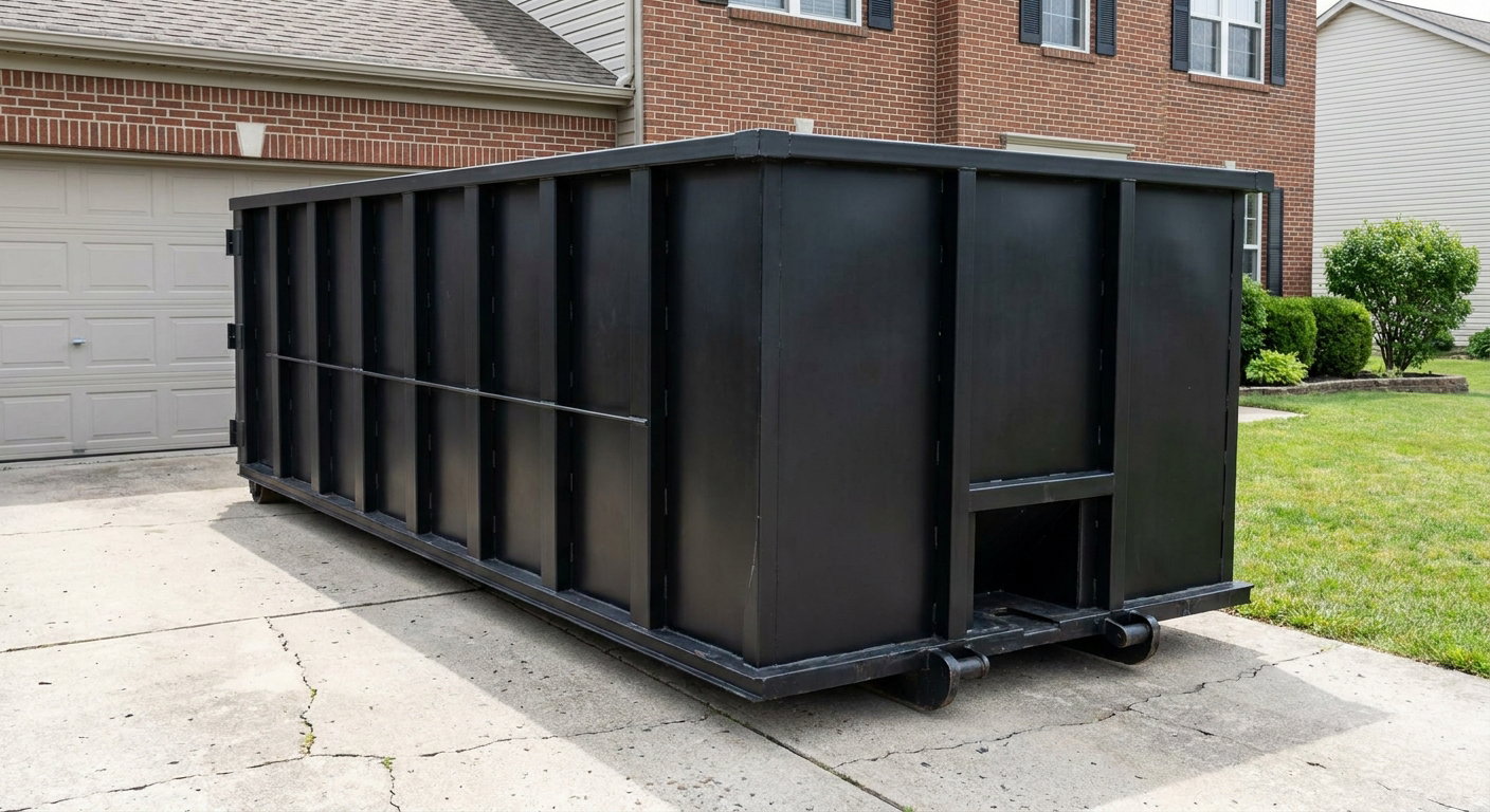 Matte-black 20-yard roll-off container on a Southaven residential concrete driveway with reinforced ribbed steel sidewalls and a hinged rear walk-in door, clean bright daylight.