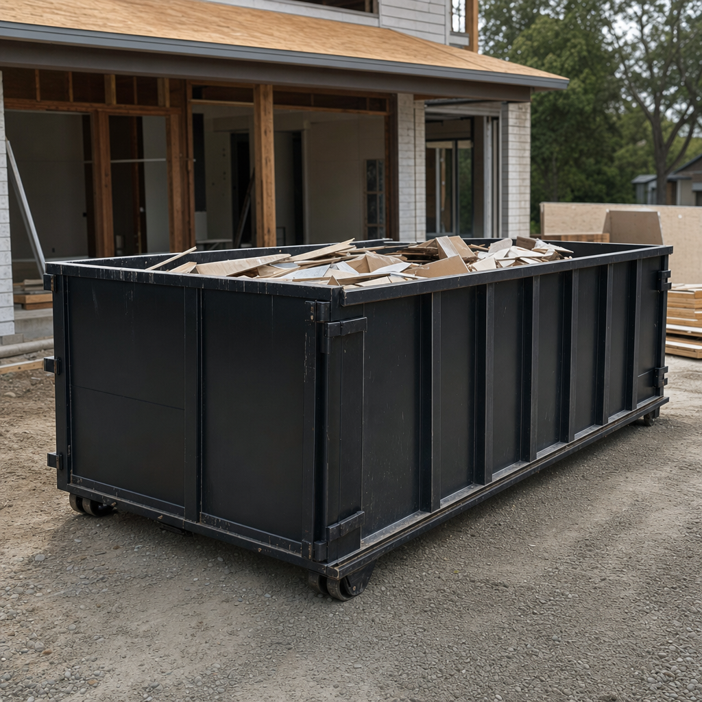 Large matte-black 30-yard construction roll-off dumpster at an active Southaven jobsite, steel-gray top rails and bottom rollers visible, loaded with construction debris.