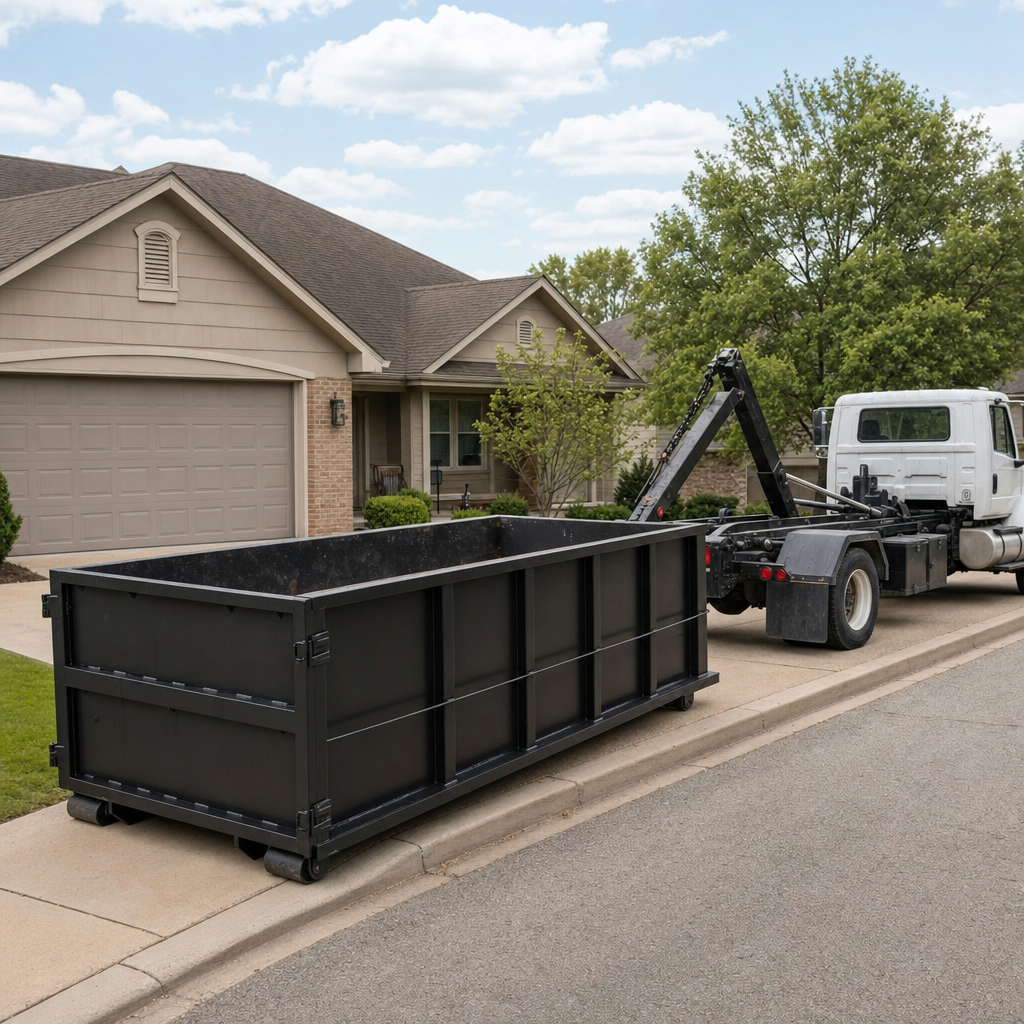 Wide documentary shot of a matte-black roll-off dumpster on a Southaven residential driveway in the foreground and a contractor jobsite container in the soft-focus background, bright daylight, calm and orderly composition.