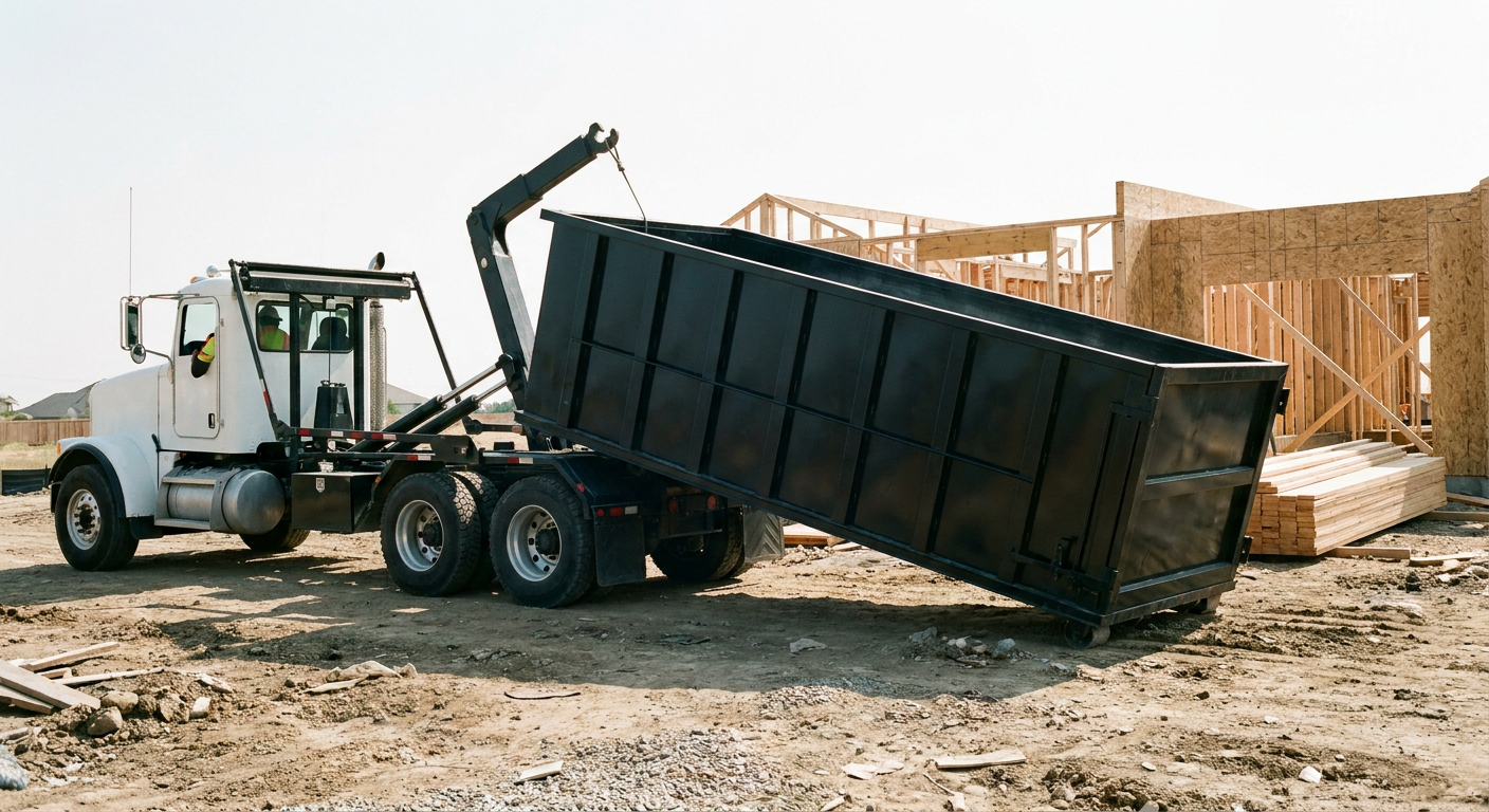 Matte-black roll-off dumpster being delivered onto a clean residential concrete driveway in Southaven by an unmarked white hooklift hauler truck, bright morning daylight, documentary 35mm perspective.