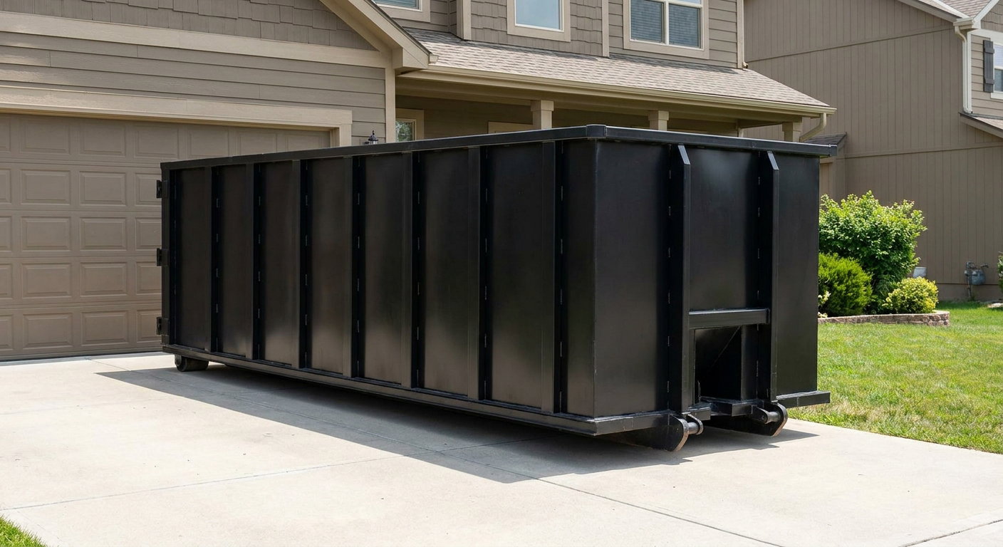 Matte-black residential roll-off dumpster sitting directly on a suburban Southaven concrete driveway, garage door closed, single-family home in background, bright morning daylight.