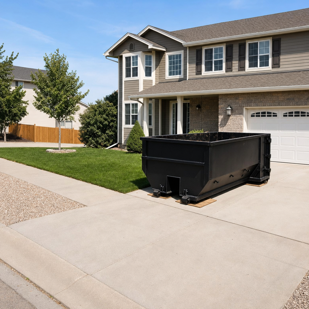 10-yard matte-black residential dumpster placed directly on a narrow Southaven concrete driveway, room remains for a parked sedan beside it, mid-morning natural light