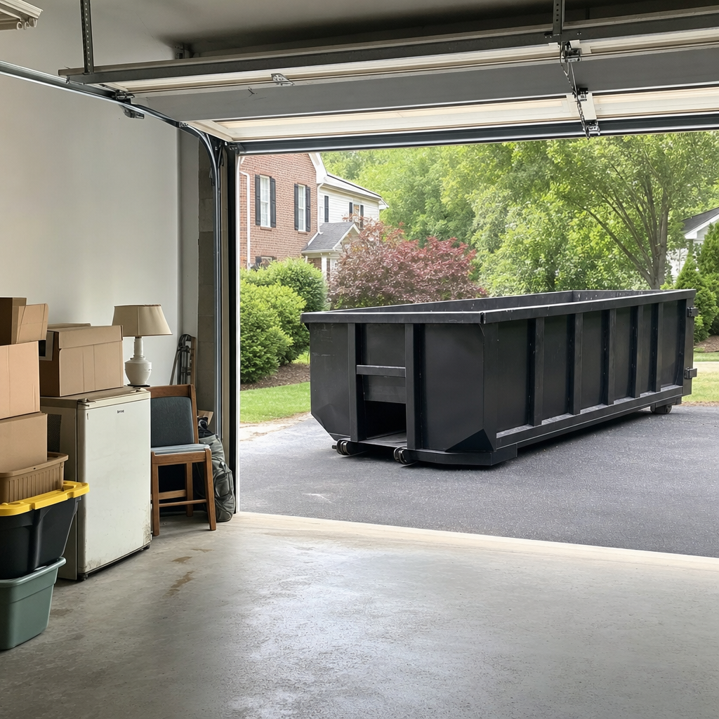Open garage interior in a Southaven home mid-cleanout — boxed items, an old appliance, and stacked yard tools queued near the driveway for a matte-black roll-off dumpster, organized and calm