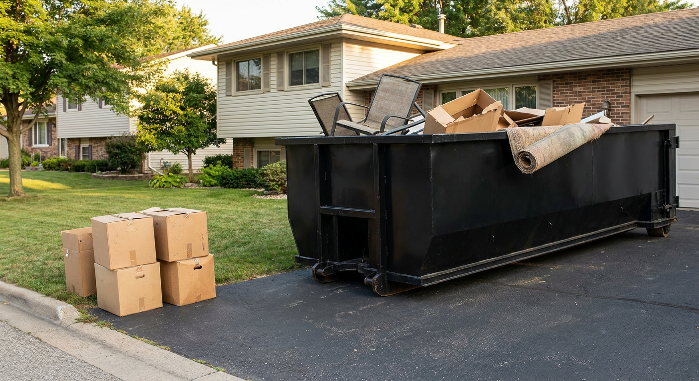 Front-yard view of a Southaven split-level home with a 20-yard matte-black roll-off dumpster sitting directly on the asphalt driveway, a few clearly labeled donation boxes staged at the curb, calm sunny afternoon.
