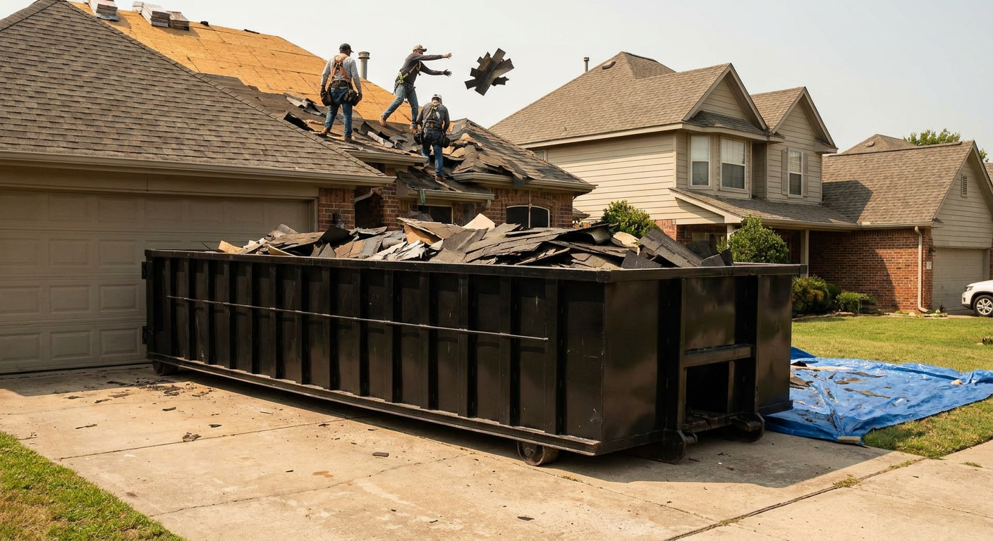 Matte-black roofing roll-off dumpster placed directly on a Southaven residential concrete driveway, a tear-off crew on a two-story asphalt-shingle roof tossing shingle bundles into the low-walled container, bright daylight, documentary 35mm perspective.