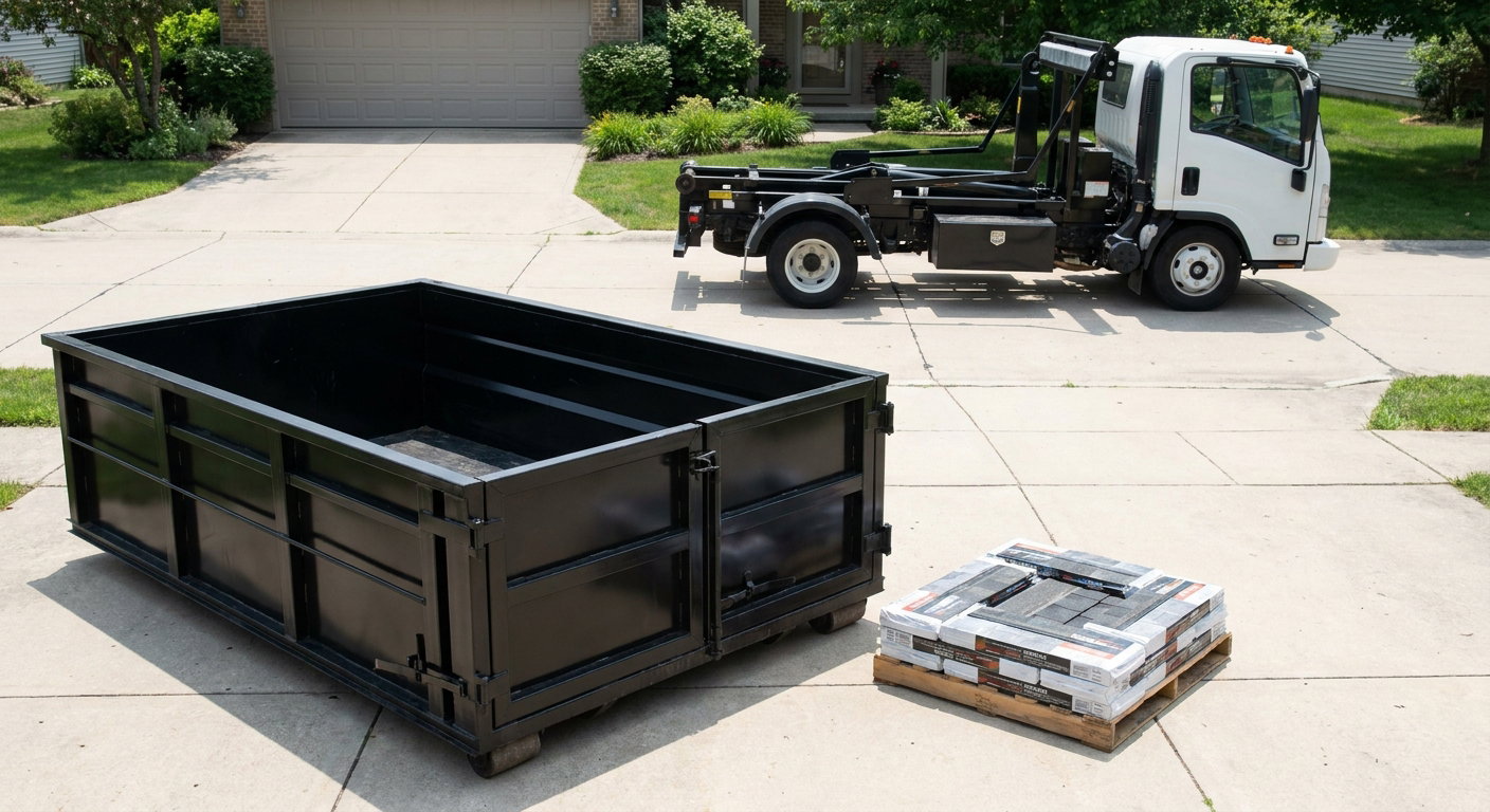 Matte-black 15-yard roofing roll-off dumpster with reinforced low side walls sitting directly on a Southaven residential concrete driveway, three-tab asphalt shingle bundles stacked nearby, an unmarked white hauler truck partially visible at the edge of the frame.