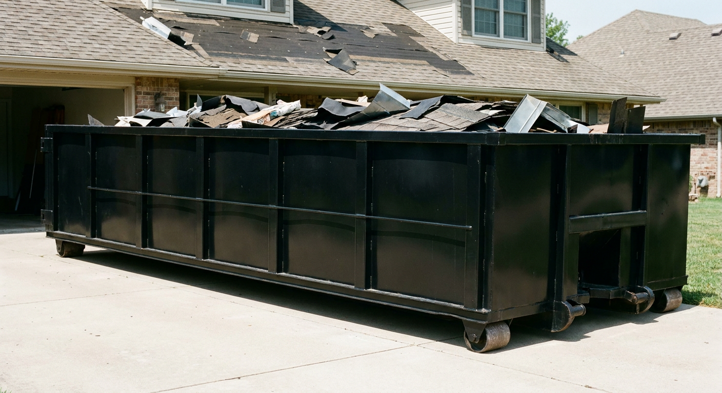 Matte-black 20-yard roofing roll-off dumpster with steel ribbed sides and swinging rear door, sitting directly on the concrete driveway of a two-story Southaven home, asphalt shingle debris being loaded over the low wall, clean documentary lighting.
