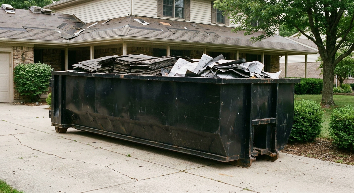 Matte-black 30-yard roofing roll-off dumpster sitting directly on a Southaven concrete driveway, taller ribbed steel side panels, mixed tear-off debris of asphalt shingles and underlayment inside, professional documentary daylight.