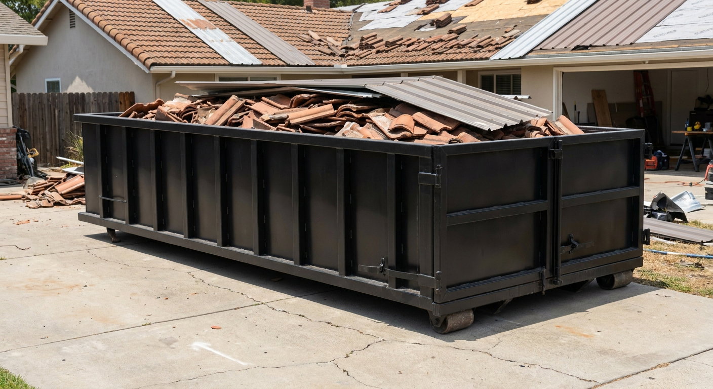 Matte-black low-wall heavy-debris roofing roll-off dumpster sitting directly on a Southaven concrete driveway, broken concrete clay roof tiles and metal panel sections loaded inside, reinforced ribbed steel side walls visible, bright outdoor daylight.