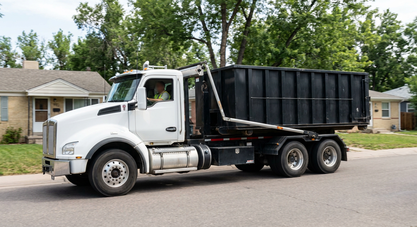 A wide documentary shot of a matte-black roll-off delivery truck pulling onto a quiet Southaven residential street at mid-morning, with neighborhood rooftops and tree-lined blocks visible behind, showing the metro coverage footprint.
