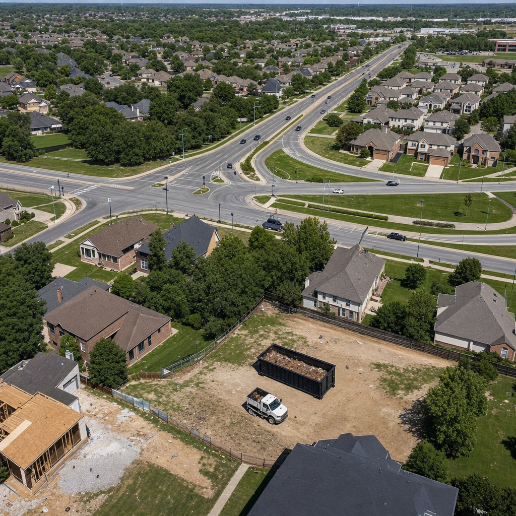 An overhead documentary view of the Southaven metro area at midday, showing the spread of neighborhoods, arterial roads, and the dispatch radius from a central yard — clean daylight, organized geographic layout.