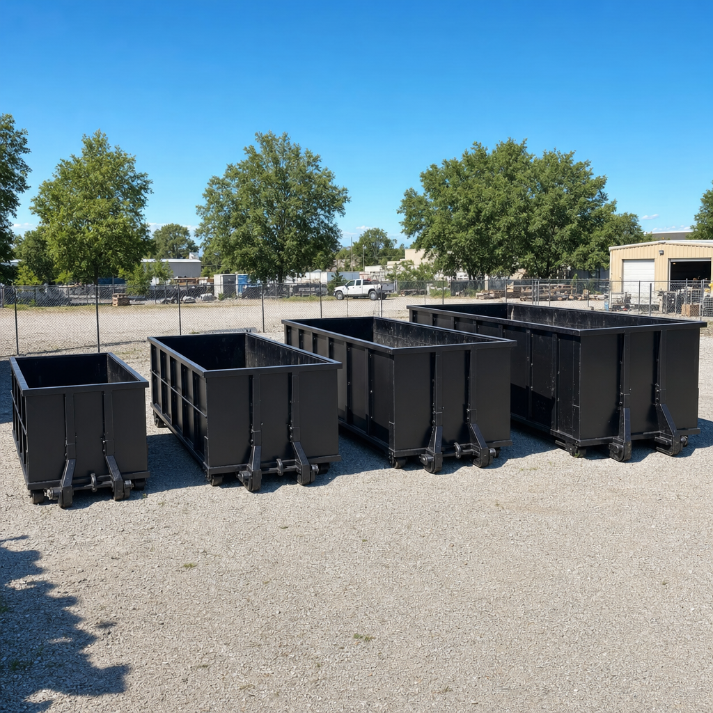 A clean lineup of matte-black roll-off dumpsters in 10, 20, 30, and 40-yard sizes staged on a sunlit gravel yard in Southaven, showing the size progression from compact to commercial-scale containers.