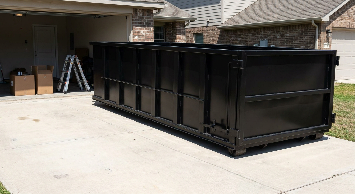 A matte-black 10-yard roll-off dumpster sitting directly on a residential Southaven concrete driveway, mid-day sunlight, clean and ready for a garage cleanout.