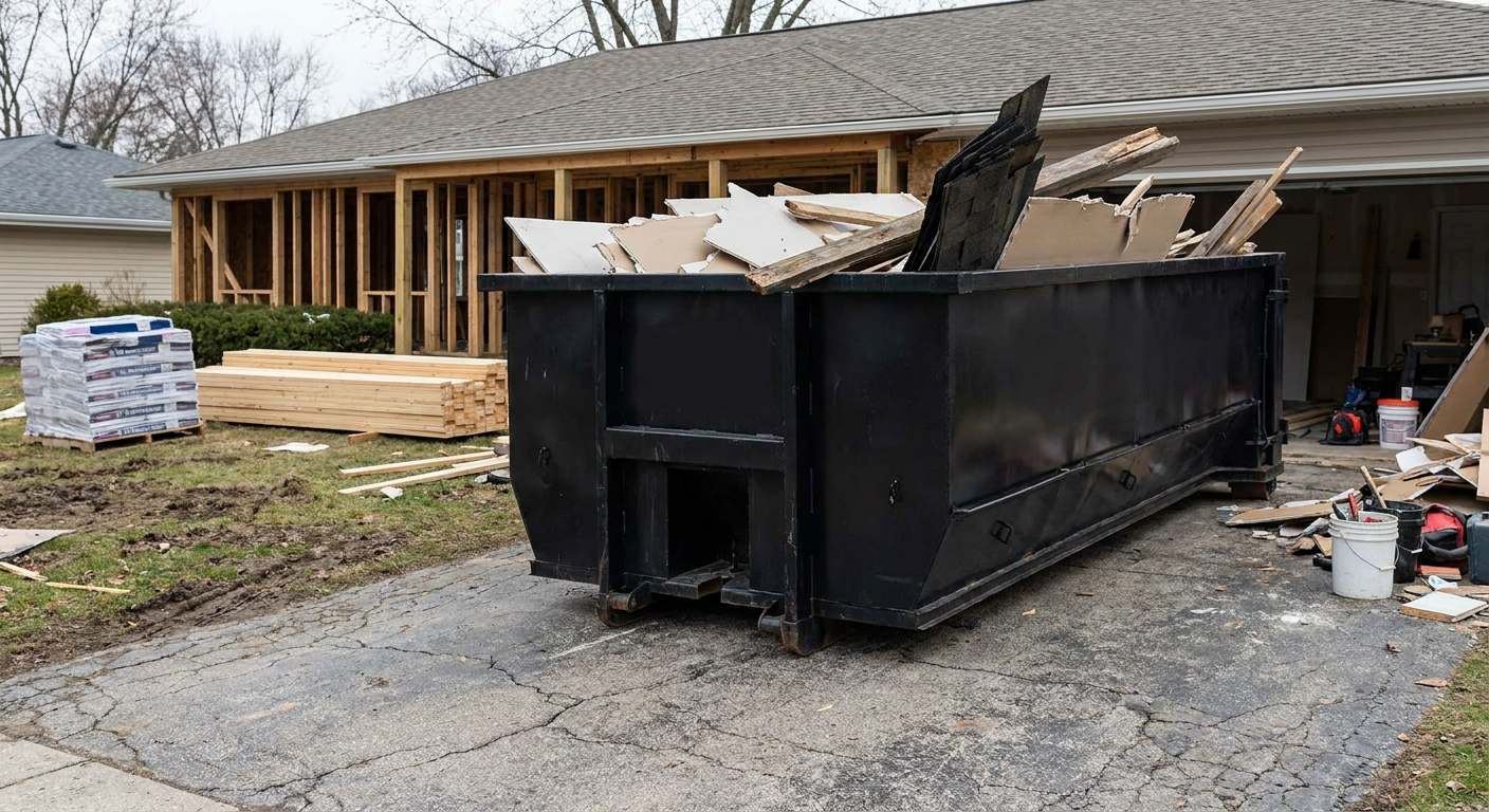 A matte-black 20-yard roll-off dumpster placed alongside a mid-renovation Southaven home directly on the asphalt driveway, with framing materials and torn-off shingles staged neatly nearby.