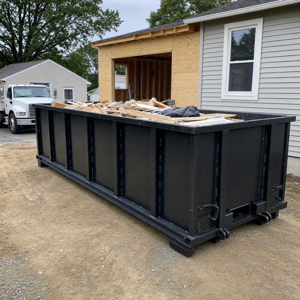 A matte-black 30-yard roll-off dumpster positioned at a Southaven residential addition jobsite, with framing lumber and drywall scraps loaded through the open swinging rear doors.