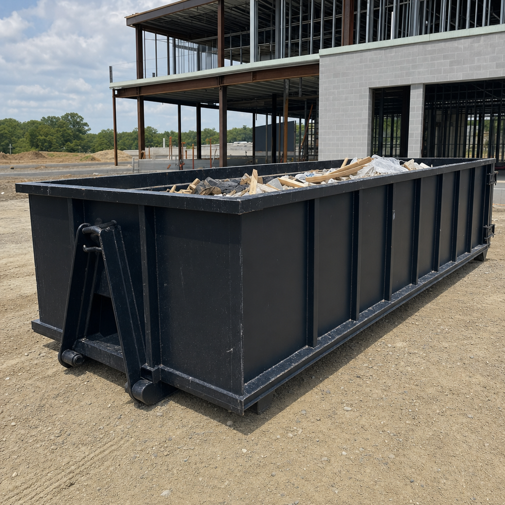 A matte-black 40-yard roll-off dumpster staged on a large Southaven commercial construction lot, with a hooklift delivery truck parked alongside under bright midday sky.