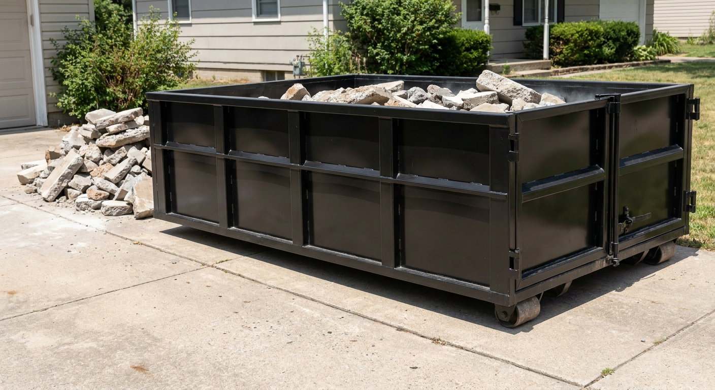 A matte-black low-side heavy-debris roll-off dumpster placed directly on a Southaven concrete driveway, with broken concrete chunks neatly stacked beside it under clean daylight.